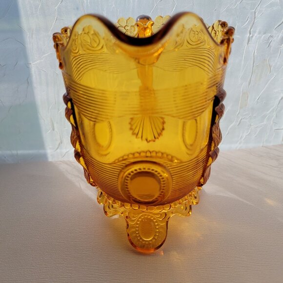 Antique Indiana Amber Dewey Depression Glass Pitcher With Floral & Geometric Des - Picture 9 of 10